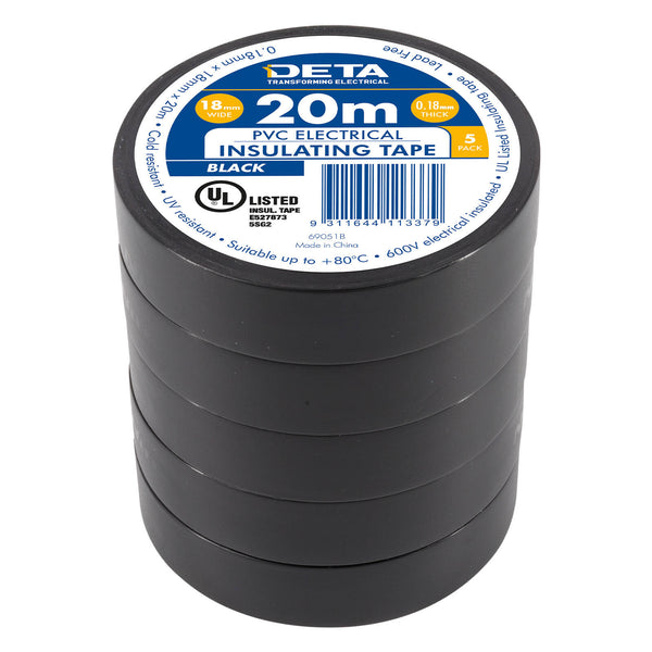 DETA 20m 18mm Black Insulation PVC Tape - 5 Pack - Black