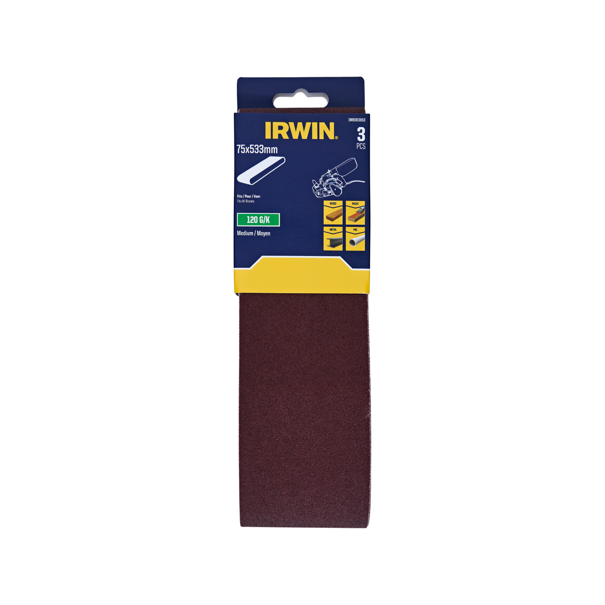 IRWIN 75 x 533mm 120 Grit Sanding Belts - 3 Pack - Image 1 of 1