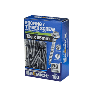 Bremick Hex Roofing Screw 12g x 65mm B8 PK100