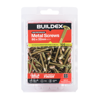 Buildex 8G x 32mm Gold Passivated Sheet Metal Screws - 100 Pack