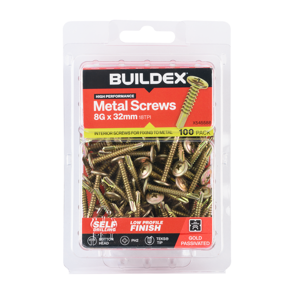 Buildex 8G x 32mm Gold Passivated Sheet Metal Screws - 100 Pack