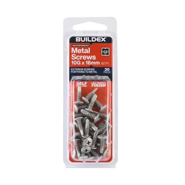 Buildex 10G x 16mm Class 3 Sheet Metal Screws - 30 Pack
