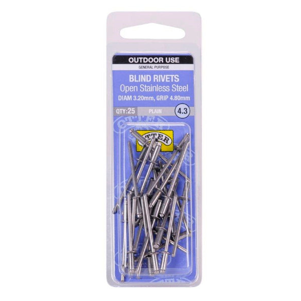 Otter 3.2 x 4.8mm Open Stainless Steel Blind Rivets - 25 Pack