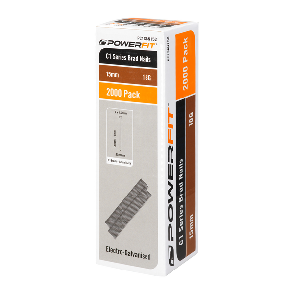 PowerFit 15mm C1 Series Electro-Galvanised Brad Nails - 2000 Pack
