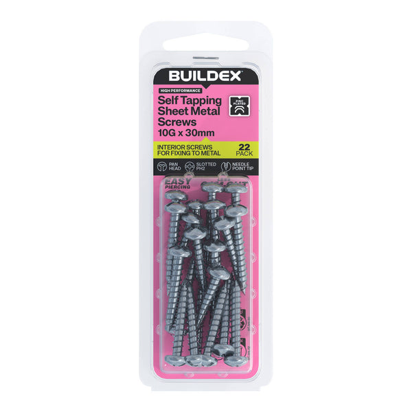 Buildex 10G x 30mm Zinc Plated Self Tapping Sheet Metal Screws - 22 Pack