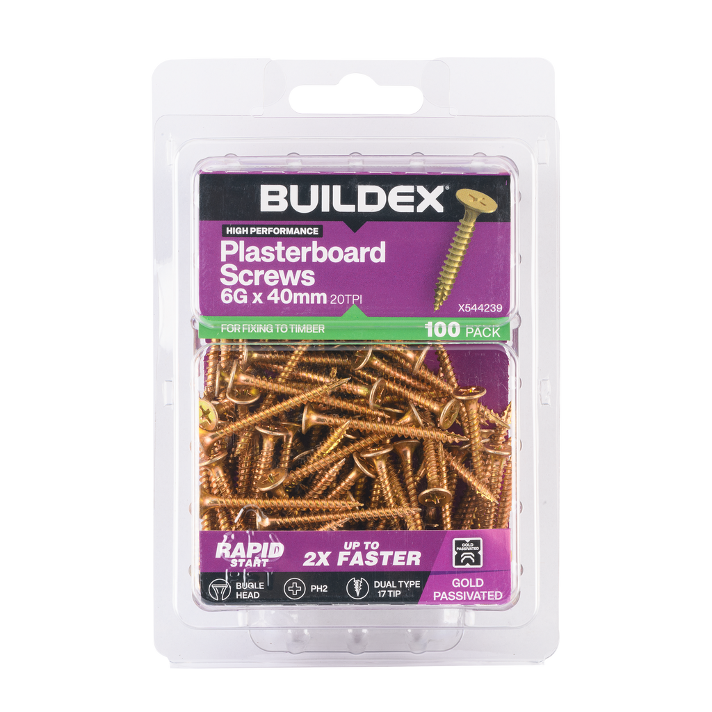 Buildex 6G x 40mm Gold Passivated Plasterboard Screws - 100 Pack - Image 1 of 3