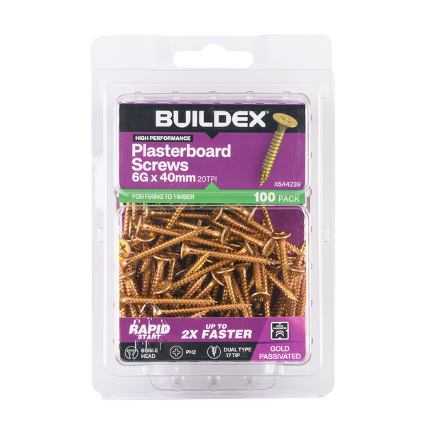 Buildex 6G x 40mm Gold Passivated Plasterboard Screws - 100 Pack