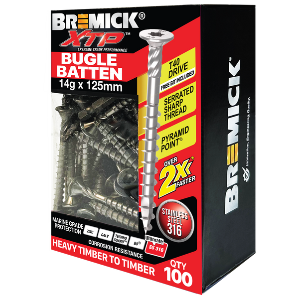 Bremick XTP 14g x 125mm T40 Stainless Steel 316 Bugle Batten - 100 Pack