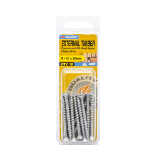 Zenith 8 - 10 x 50mm Galvanised Countersunk Rib Head External Timber Screws - 18 Pack