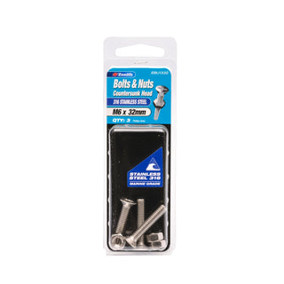Zenith M6 x 32mm 316 Stainless Steel Countersunk Head Bolt And Nut - 3 Pack