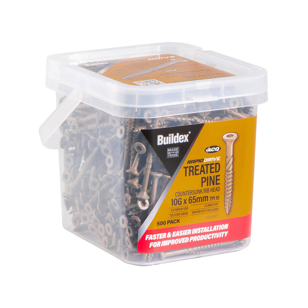 Buildex RapidDrive Treated Pine Screws 10g x 65 mm (10 TPI) Climacoat - BOX of 500