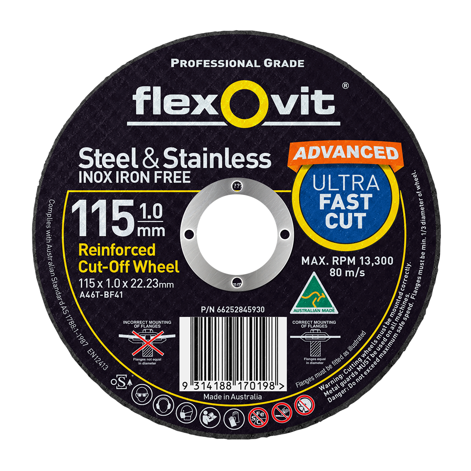 Flexovit 115 x 1.0 x 22.23mm Black Metal Cut Off Wheel - Image 1 of 1