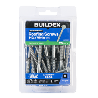 Buildex 14G x 75mm Class 3 Roofing Screws with Seal - 25 Pack