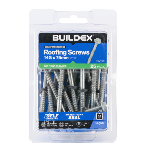 Buildex 14G x 75mm Class 3 Roofing Screws with Seal - 25 Pack