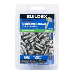 Buildex 12G x 25mm Class 3 Cladding Screws with Seal - 100 Pack