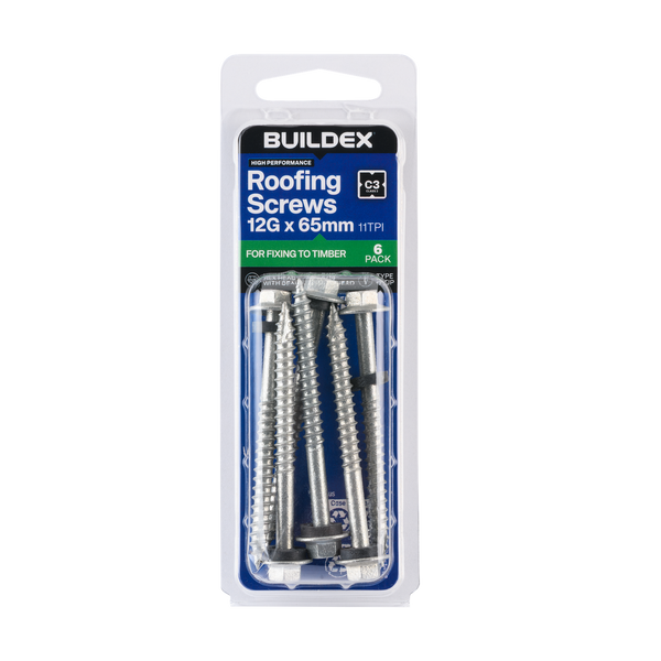 Buildex 12G x 65mm Class 3 Roofing Screws With Seal - 6 Pack