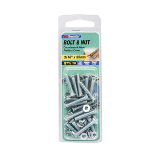 Zenith 3/16" x 25mm Zinc Plated Countersunk Bolt And Nut - 18 Pack