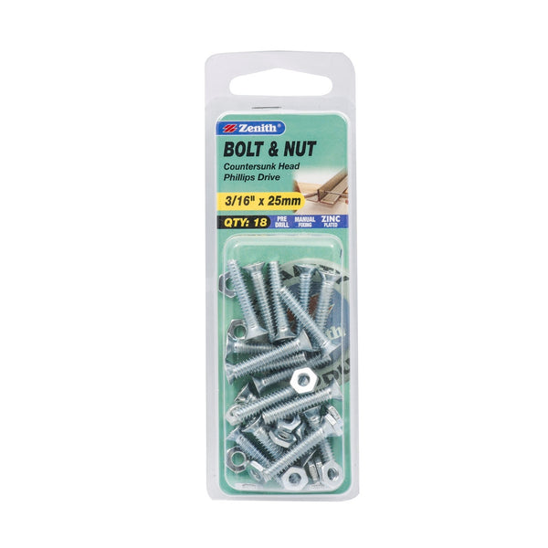 Zenith 3/16" x 25mm Zinc Plated Countersunk Bolt And Nut - 18 Pack