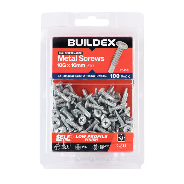 Buildex 10G x 16mm Class 3 Sheet Metal Screws - 100 Pack