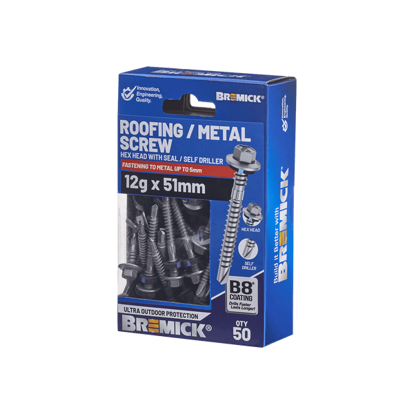 Bremick Hex Roofing Screw 12g x 51mm B8 PK50