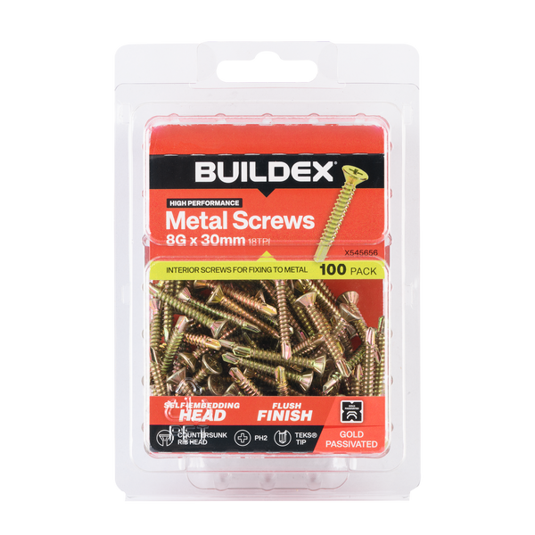 Buildex 8G x 30mm Gold Passivated Sheet Metal Screws - 100 Pack