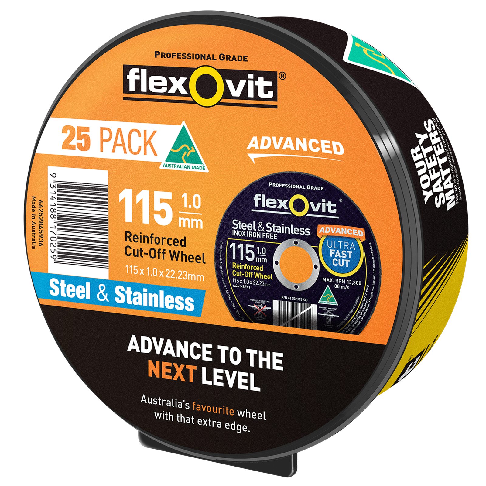 Flexovit 115 x 1.0 x 22.23mm Black Metal Cut Off Wheel - 25 Pack - Image 1 of 1