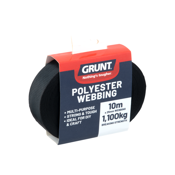 GRUNT 25mm x 10m Heavy Duty Black Polyester Webbing