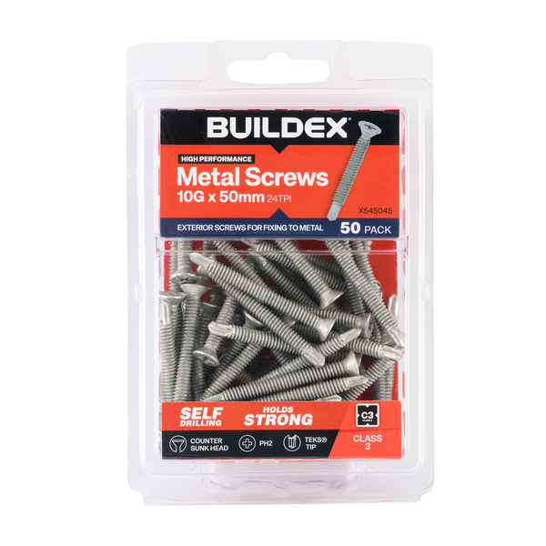 Buildex 10G x 50mm Class 3 Sheet Metal Screws (Countersunk Head) - 50 Pack