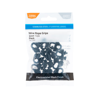 Taskmaster 3mm Black 316 Stainless Steel Wire Rope Grips - 12 Pack