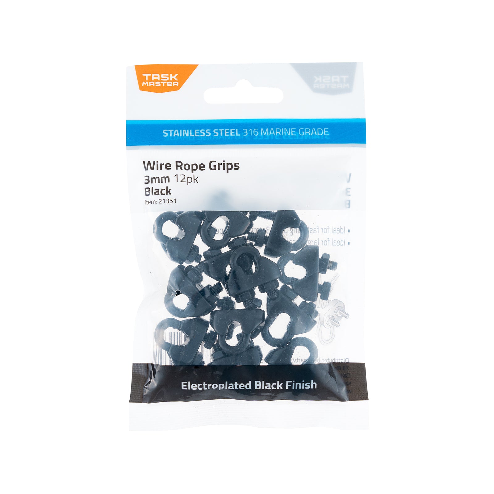 Taskmaster 3mm Black 316 Stainless Steel Wire Rope Grips - 12 Pack - Image 1 of 6
