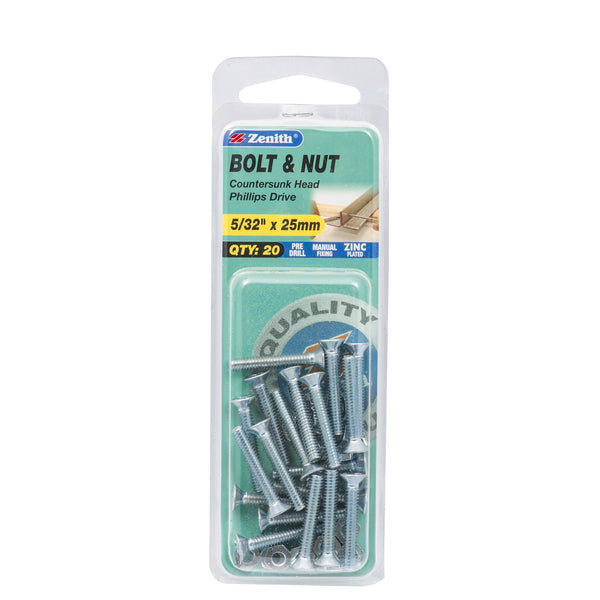 Zenith 5/32" x 25mm Zinc Plated Countersunk Head Bolt and Nut - 20 Pack