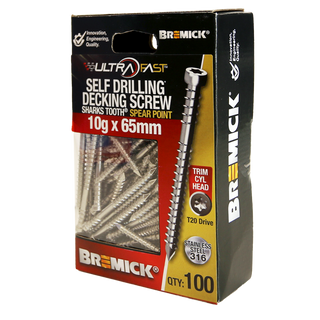Bremick Ultrafast 10g x 65mm Stainless Steel 316 T20 Trim Head -100 Pack