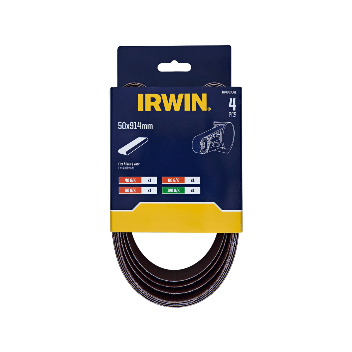 IRWIN 50 x 914mm 40, 60, 80 &amp; 120 Grit Sanding Belt - 4 Pack - Image 1 of 1
