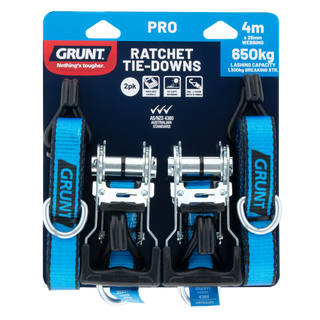 GRUNT 25mm x 4m Ratchet Tie Down Straps - 2 Pack