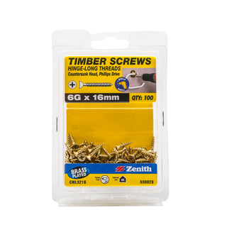 Zenith 6G x 16mm Brass Plated Hinge-Long Thread Countersunk Head Timber Screws - 100 Pack