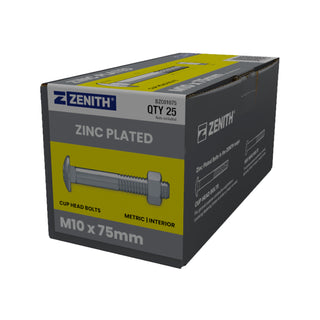 ZENITH M10 x 75mm Zinc Plated Cup Head Bolt and Nut - Each