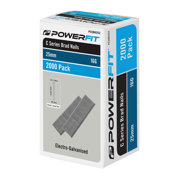 PowerFit 25mm C Series Electro-Galvanised Brad Nails - 2000 Pack