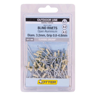 Otter Classic Cream® 3.2 x 0.8-4.8mm Multi-Grip Open Aluminium Rivets - 100 Pack
