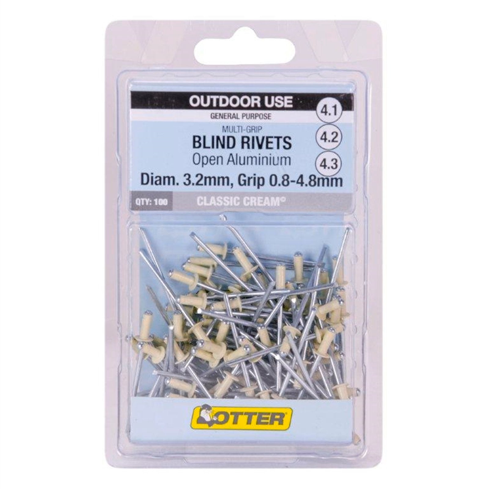 Otter Classic Cream® 3.2 x 0.8-4.8mm Multi-Grip Open Aluminium Rivets - 100 Pack - Image 1 of 1