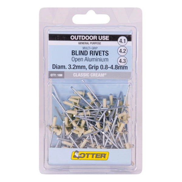 Otter Classic Cream® 3.2 x 0.8-4.8mm Multi-Grip Open Aluminium Rivets - 100 Pack