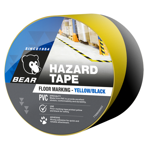 Bear 48mm x 30m Yellow and Black Hazard Tape