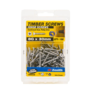 Zenith 8G x 30mm Satin Chrome Countersunk Head Hinge Timber Screws - 100 Pack