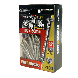 Bremick Ultrafast 10g x 50mm Stainless Steel 316 T20 Truss Head -100 Pack
