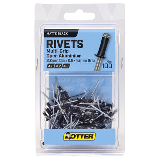 Otter 3.2 x 0.8 - 4.8mm Matt Black Multi-Grip Open Aluminium Blind Rivets - 100 Pack