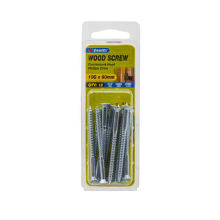 Zenith 10G x 60mm Zinc Plated Countersunk Head Wood Screws - 12 Pack
