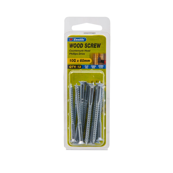 Zenith 10G x 60mm Zinc Plated Countersunk Head Wood Screws - 12 Pack
