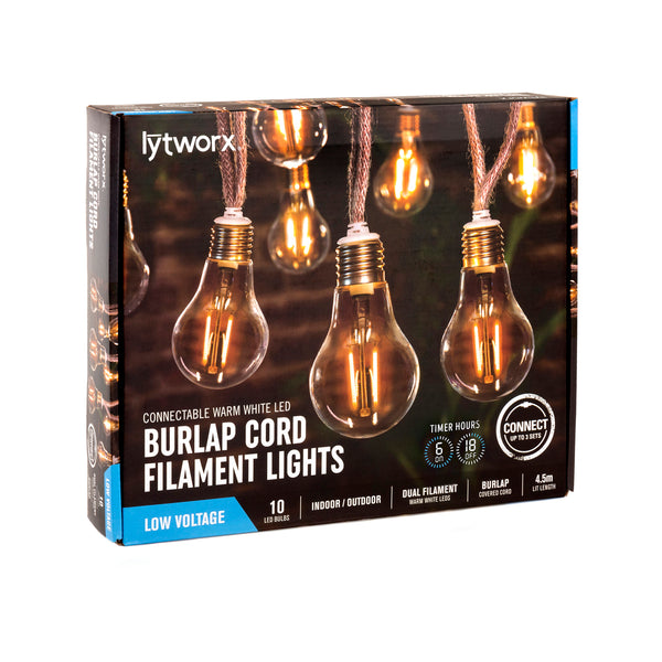 Lytworx Warm White Burlap Cord Filament Connectable Party Lights - 10 Pack