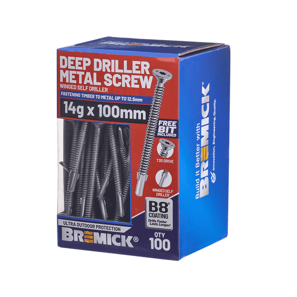 Bremick Metal Deep Driller Screw 14g x 100mm T30 B8 BOX 100