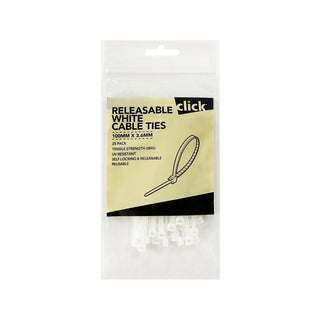 Click 100mm White Releasable Cable Tie - 25 Pack