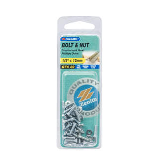 Zenith 1/8" x 12mm Zinc Plated Countersunk Bolt And Nut - 30 Pack